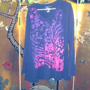 JMS 3X- 4X Dark blue Graphic T. LS Tunic Glitter